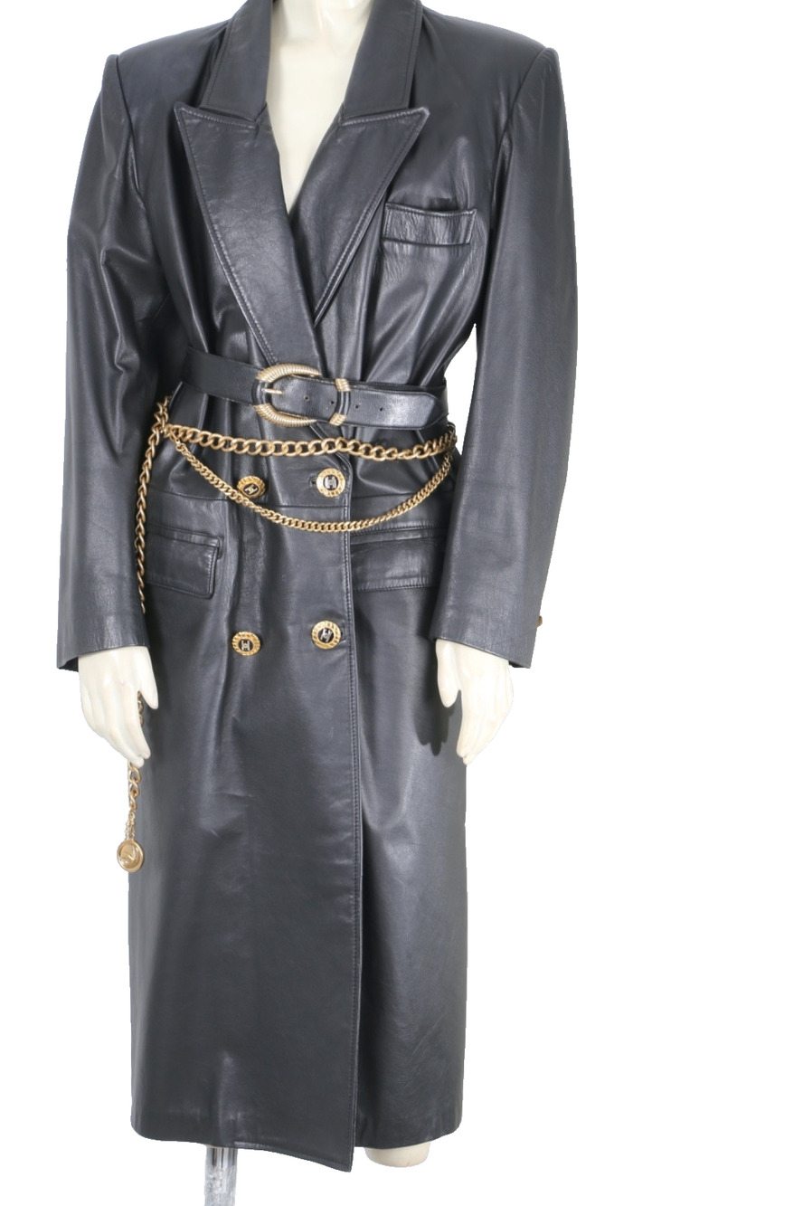VTG BEA FIORENTINI Black Leather Trench Coat Maxi Long Double Breasted Belted M